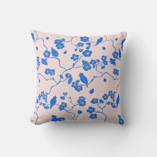 Birds on Cherry Blossoms Blue on Blush Cushion