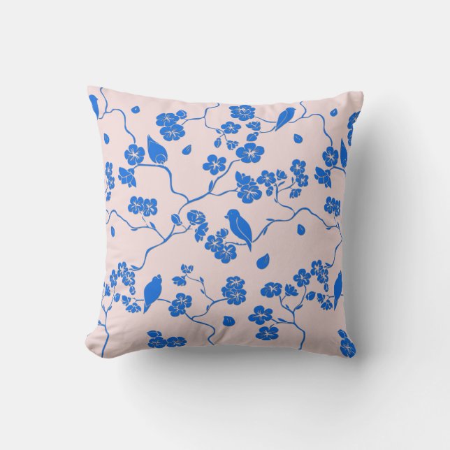 Birds on Cherry Blossoms Blue on Blush Cushion (Front)