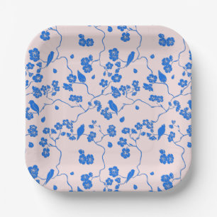 Birds on Cherry Blossoms Blue on Blush Paper Plate