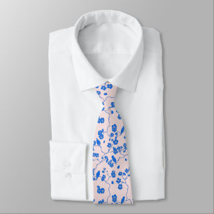 Birds on Cherry Blossoms Blue on Blush Tie