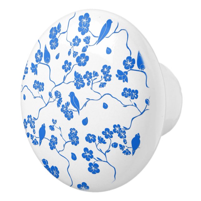 Birds on Cherry Blossoms Blue Print Ceramic Knob (Right)