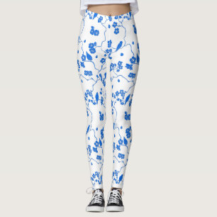 Birds on Cherry Blossoms Blue Print Leggings