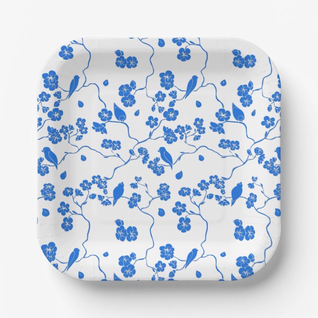 Birds on Cherry Blossoms Blue Print Paper Plate (Front)