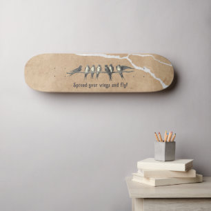 Birds on cracked surface, beige brown and text skateboard