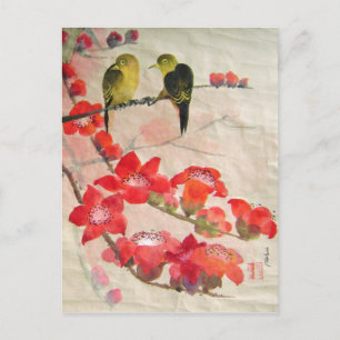 birds on flora tree postcard