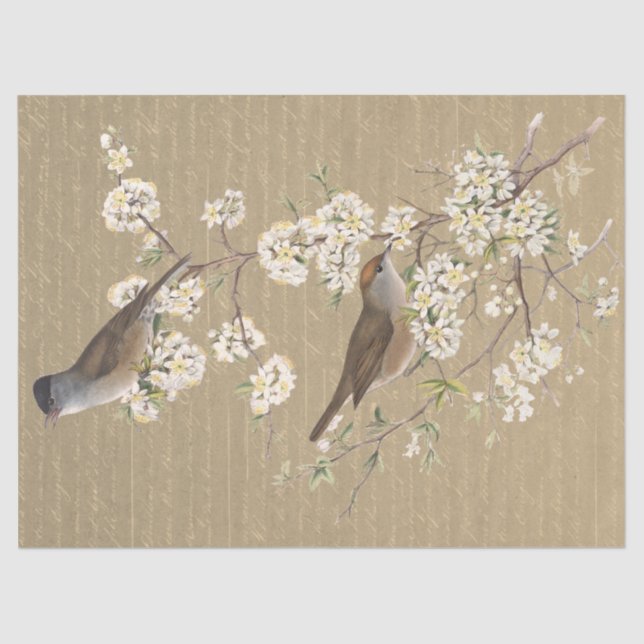 Birds on Flowering Branch Gold French Script  Tissue Paper (Front)