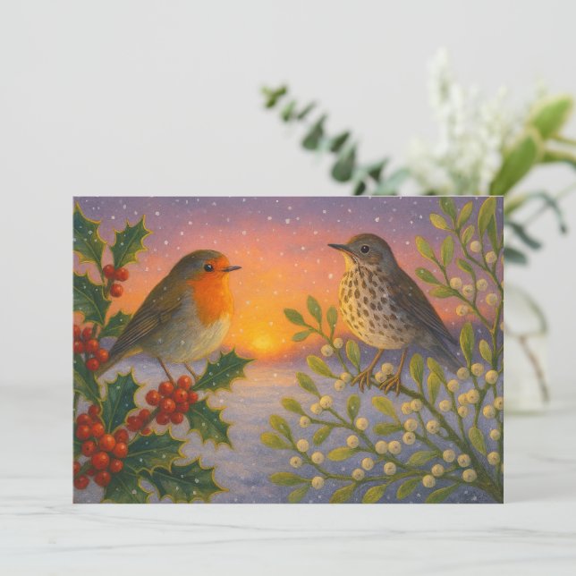 Birds On Holly & Mistletoe At Snowy Winter Sunset Holiday Card (Standing Front)