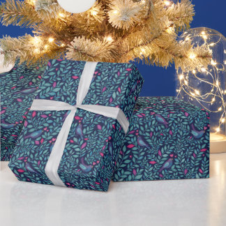 Birds on Navy Watercolour Effect Wrapping Paper