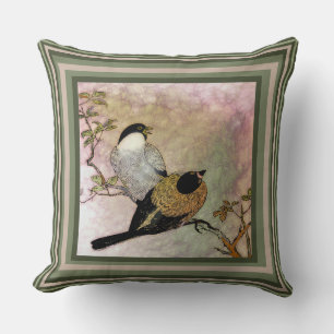 Birds on Perch with Moss Green, Taupe Background Cushion