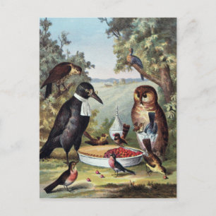 Birds on Picnic, Painting, Reproduction, Postcard