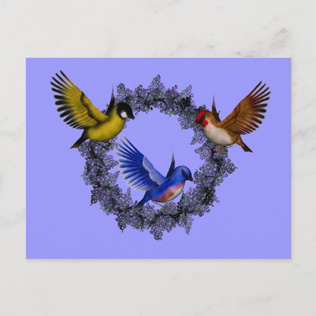 Birds On Purple Flower Wreath Postcard (Front)