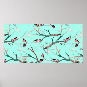 Birds on the tree branches watercolor hand painted poster