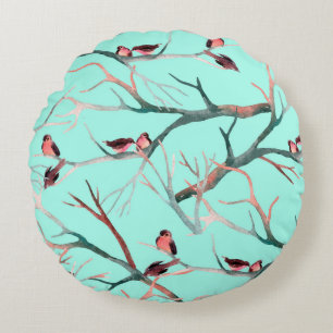 Birds on the tree branches watercolor hand painted round cushion