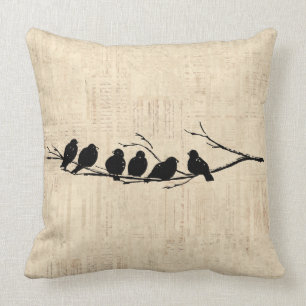 Birds on Tree Branch Vintage Bird Art Cushion