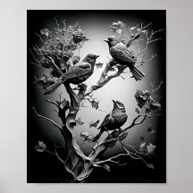 Birds On Tree Branches Black And White Birds