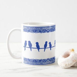 Birds on Wire Blue White Willow Whimsical Simple Coffee Mug