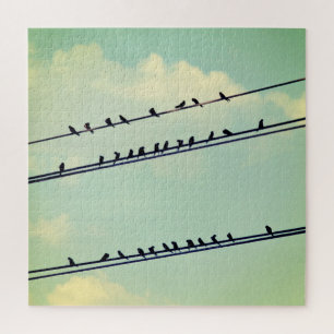 Birds on wires, vintage blue sky. jigsaw puzzle