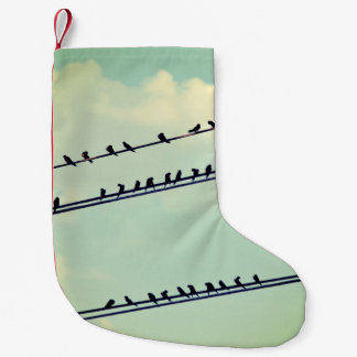Birds on wires, vintage blue sky. small christmas stocking