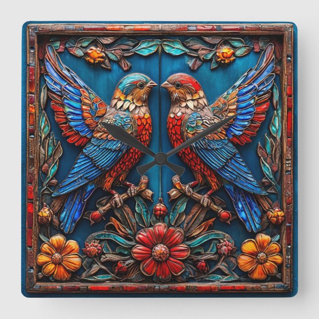 Birds ornament square wall clock (Front)