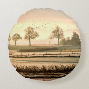 Birds Over Pasture and Meadow Round Cushion