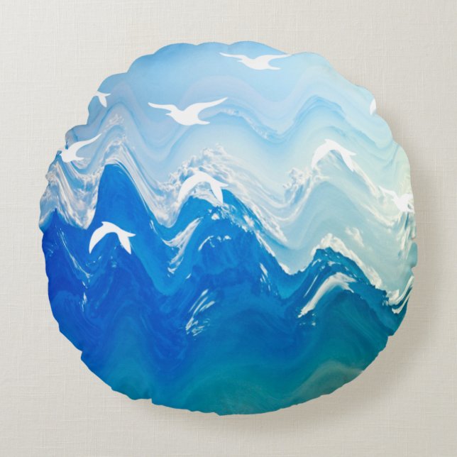 Birds over the Sea Waves Round Cushion (Front)