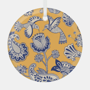 Birds Paisley Flowers Vintage Pattern Glass Tree Decoration