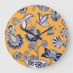 Birds Paisley Flowers Vintage Pattern Large Clock