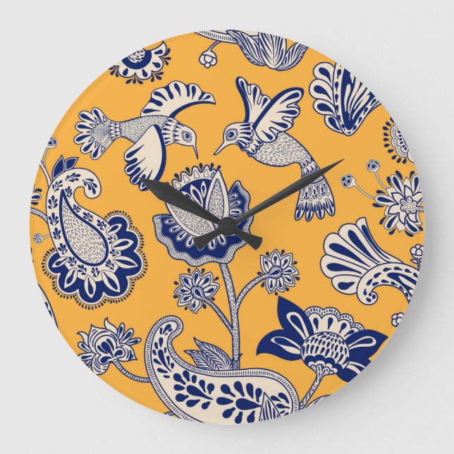 Birds Paisley Flowers Vintage Pattern Large Clock (Front)