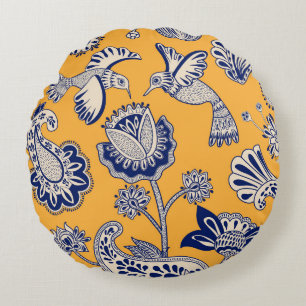 Birds Paisley Flowers Vintage Pattern Round Cushion