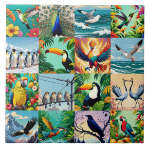 Birds Patchwork Pattern Ceramic Tile