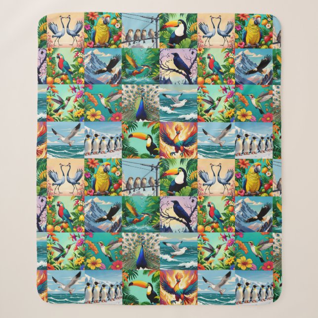 Birds Patchwork Pattern  Sherpa Blanket (Front)