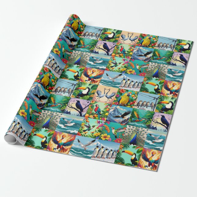 Birds Patchwork Pattern  Wrapping Paper (Unrolled)