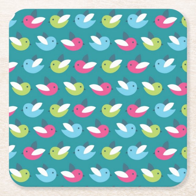 Birds pattern Blue Square Paper Coaster (Front)