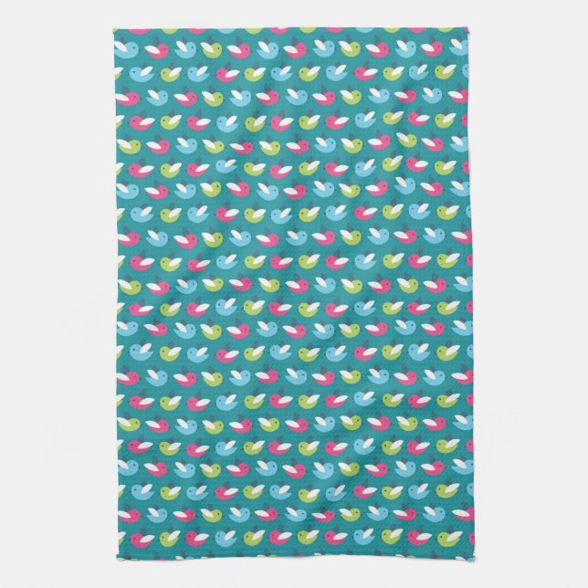 Birds pattern Blue Tea Towel (Vertical)