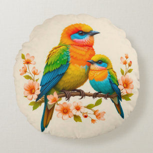 Birds Perched on a Branch Feminine Nature Round Cushion