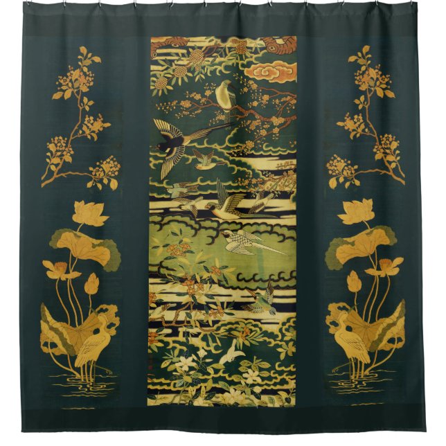 Birds,Phoenix Flowering Tree Branches Lotus Flower Shower Curtain (Front)