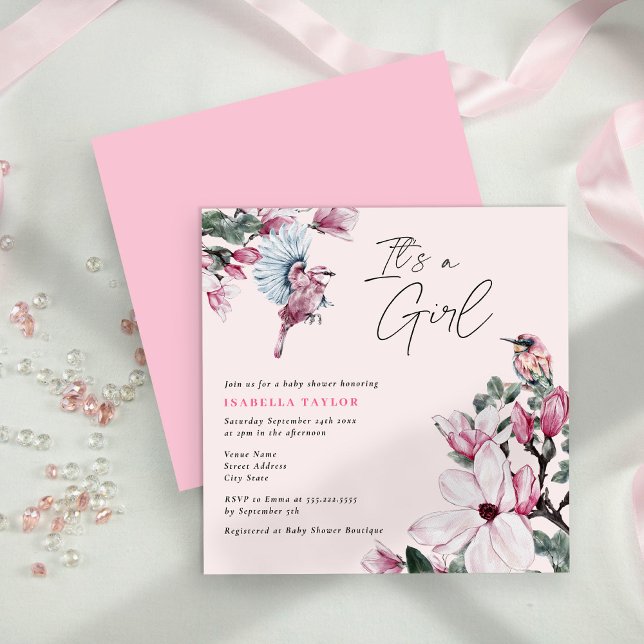 Birds & Pink Floral Girl Baby Shower Invitation (Creator Uploaded)