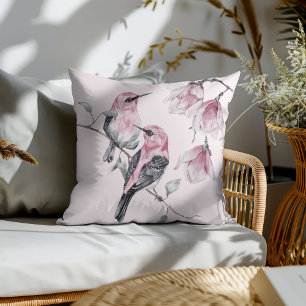 Birds & Pink Florals in Watercolor Cushion