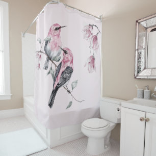 Birds & Pink Florals in Watercolor Shower Curtain