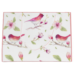 Birds Pink White Flowers Floral Pattern Large Gift Bag