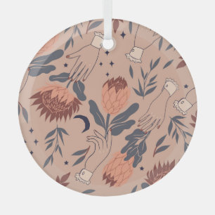 Birds & Proteas: Vintage Hand Graphics Glass Tree Decoration