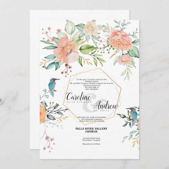 Birds & Roses - Wedding Invitation Card (Front/Back)