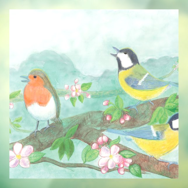 Birds sing on a blossoming tree branch in spring  (Sheet 3)