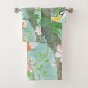 Birds singing on a blossoming tree branch bath towel set