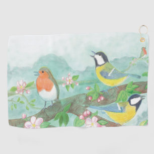 Birds singing on a blossoming tree branch golf towel