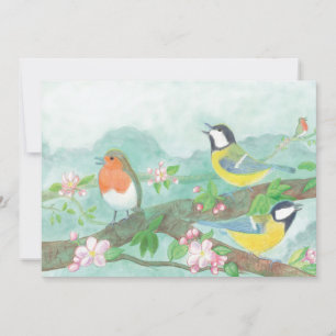Birds singing on a blossoming tree branch holiday card