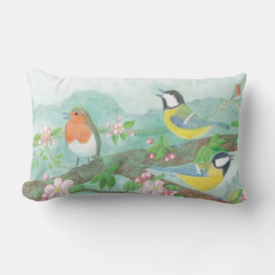 Birds singing on a blossoming tree branch  lumbar cushion