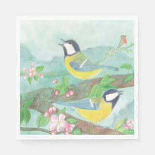 Birds singing on a blossoming tree branch napkin