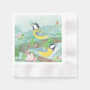 Birds singing on a blossoming tree branch napkin