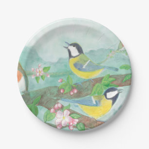 Birds singing on a blossoming tree branch   paper plate